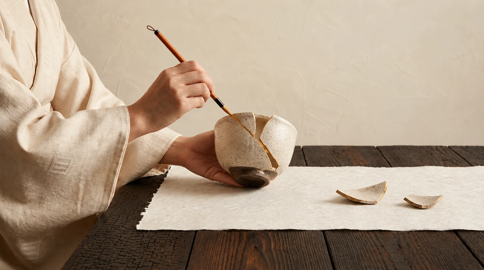 Unas manos, con las mangas de un kimono de lino crudo, sostienen un cuenco de cerámica clara partido en dos y repasan la grieta con oro usando un pincel fino. Sobre el papel, a un lado, dos fragmentos todavía sin colocar.